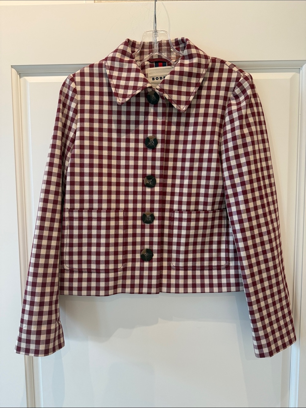 Boden Burgundy and Cream Gingham Cropped Blazer - Size 6